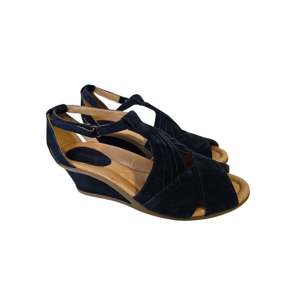 Earth womens blue suede wedge open toe sandals. Size 12.